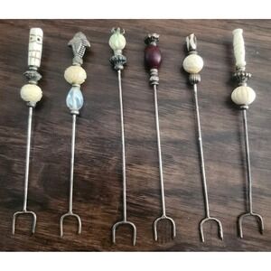 6 Vintage Carved Stone Beads Hors d'oeuvres Picks Forks Cocktail 5"